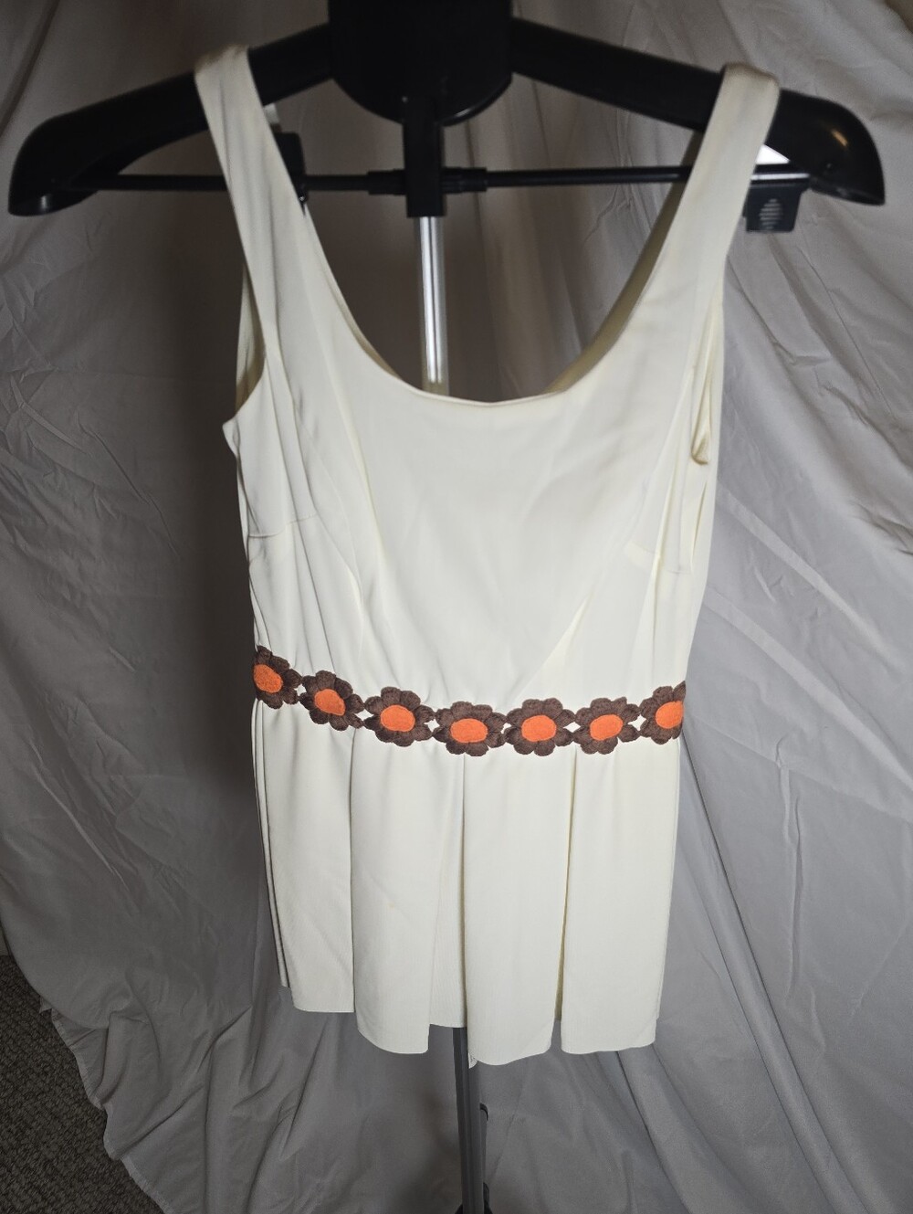 Vintage Cream Tank Top with Brown & Orange Floral Embroidered Waistband